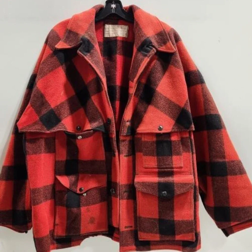 Vtg 70s 80s Filson Double Mackinaw Cruiser Jacket Red Blk Buffalo Plaid Wool XL